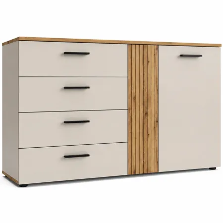 Credenza 2 Ante 4 Cassetti Beige con Listelli Rovere da Soggiorno