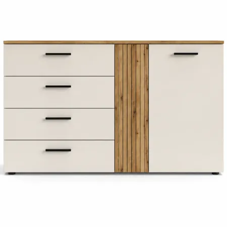 Credenza 2 Ante 4 Cassetti Beige con Listelli Rovere da Soggiorno