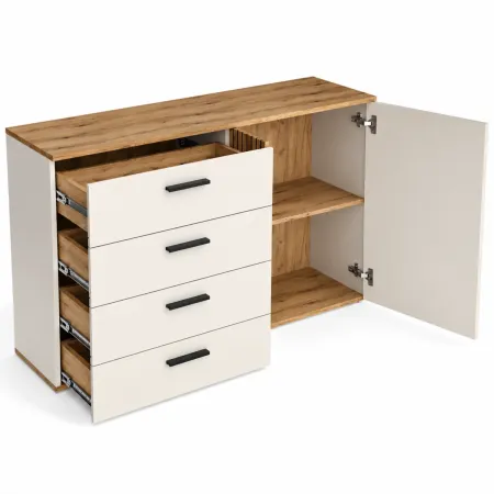 Credenza 2 Ante 4 Cassetti Beige con Listelli Rovere da Soggiorno