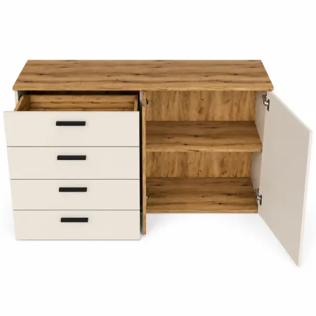 Credenza 2 Ante 4 Cassetti Beige con Listelli Rovere da Soggiorno
