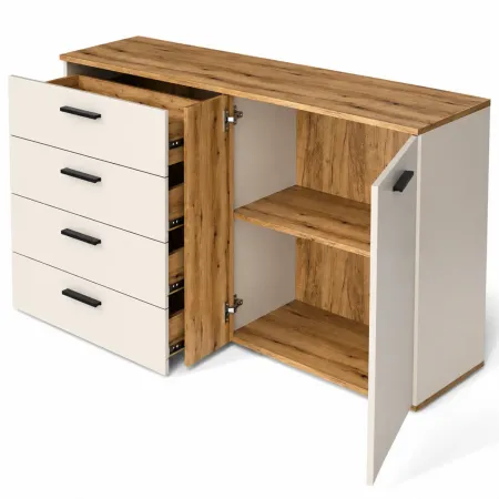 Credenza 2 Ante 4 Cassetti Beige con Listelli Rovere da Soggiorno