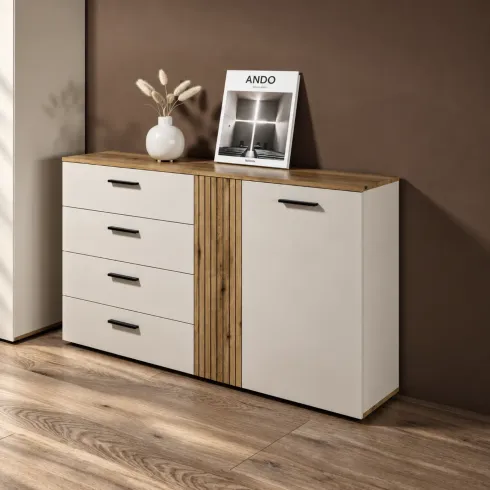 Credenza 2 Ante 4 Cassetti Beige con Listelli Rovere da Soggiorno