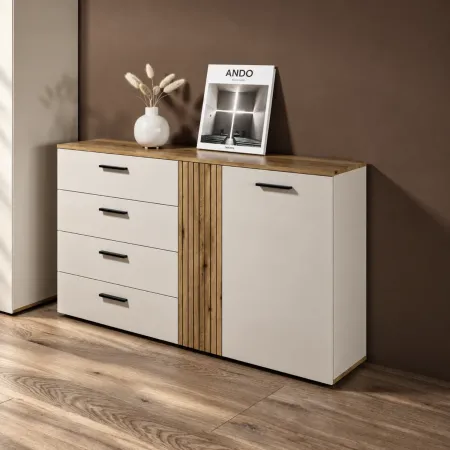Credenza 2 Ante 4 Cassetti Beige con Listelli Rovere da Soggiorno