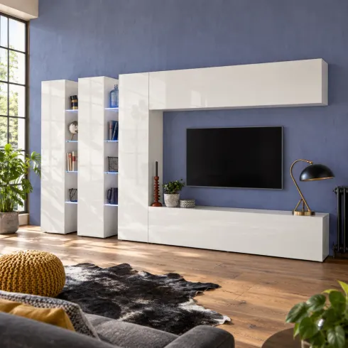 Parete Attrezzata Soggiorno 340 cm Armadio Porta TV Pensile Bianco