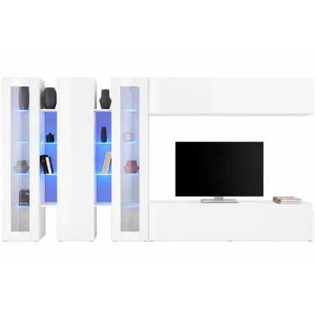 Parete Attrezzata Soggiorno 340 cm Vetrine Porta TV Bianco Lucido