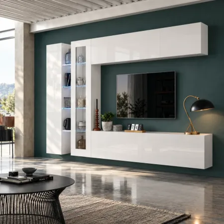 Mobile Soggiorno Porta TV da Appoggio Parete 280 cm Bianco Lucido