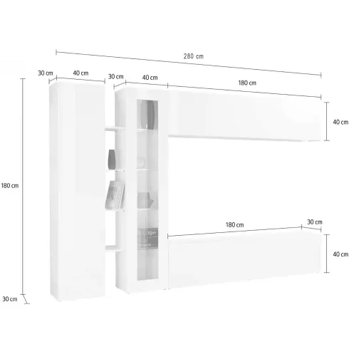 Mobile Soggiorno Porta TV da Appoggio Parete 280 cm Bianco Lucido