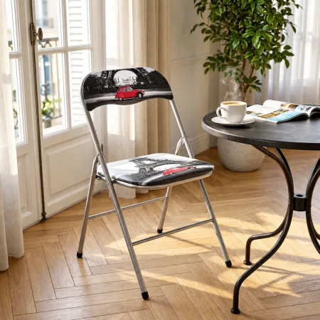 Sedia Pieghevole Stampa Parigi con Seduta Imbottita in PVC da Scrivania