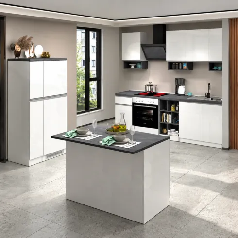 Isola per Cucina Moderna 2 Ante Bianco Lucido Piano Grigio 125x90 cm