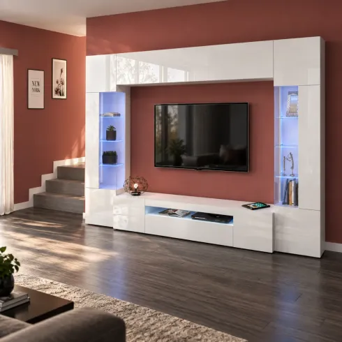 Parete Attrezzata Soggiorno Porta TV Vetrine Pensile Libreria Bianco
