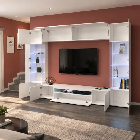 Parete Attrezzata Soggiorno Porta TV Vetrine Pensile Libreria Bianco