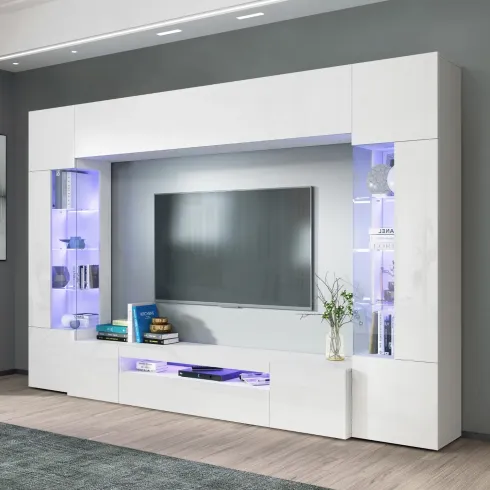 Parete Attrezzata Soggiorno Porta TV Vetrine Pensile Libreria Bianco