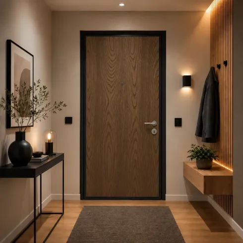 Pannello per Porta Blindata Alluminio Noce Venature Verticali 90x210 cm