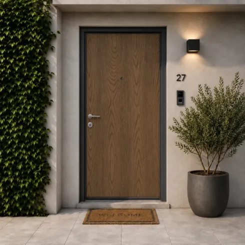 Pannello per Porta Blindata Alluminio Noce Venature Verticali 90x210 cm