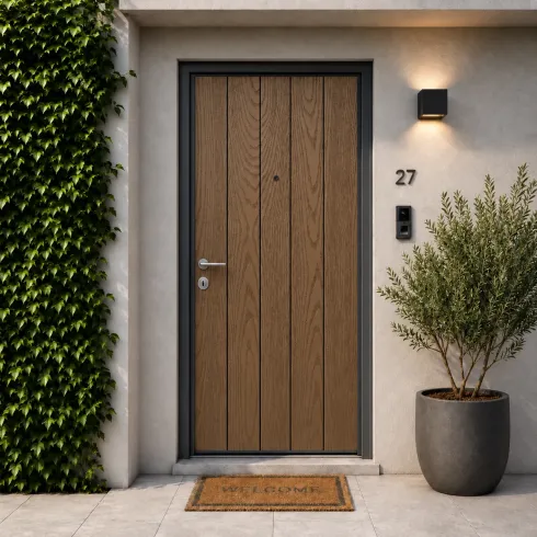 Pannello per Porta Blindata Alluminio Noce Effetto Perlina 90x210 cm