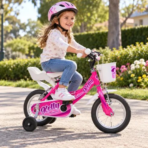 Bicicletta Fucsia 12 Pollici per Bambini Bici Kelly con Rotelle Cestino
