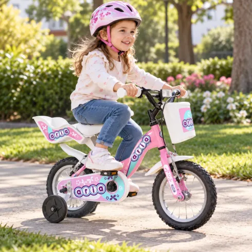 Bicicletta Bambini 12 Pollici Rosa Bici Aria con Portabamola Cestino