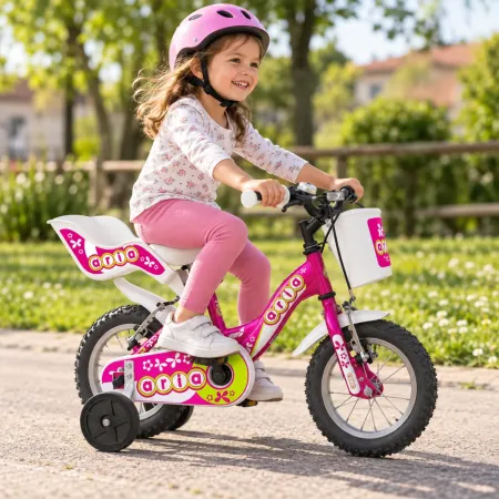 Bicicletta per Bambini Fucsia 12 Pollici con Seggiolino Rotelle Cesto