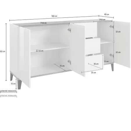 Credenza 160 cm Bianco Grigio Madia da Soggiorno 3 Ante 3 Cassetti