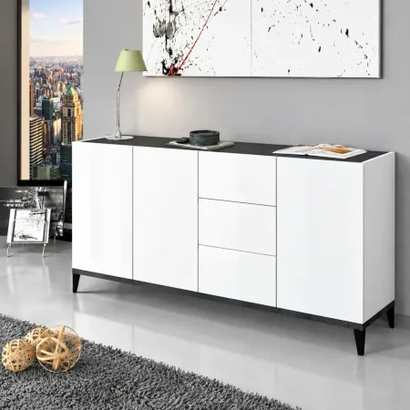 Credenza 160 cm Bianco Grigio Madia da Soggiorno 3 Ante 3 Cassetti