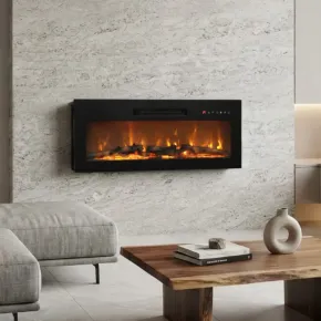 Camino Elettrico da Parete in Acciaio Vetro Nero Fiamma LED 2 kW 2