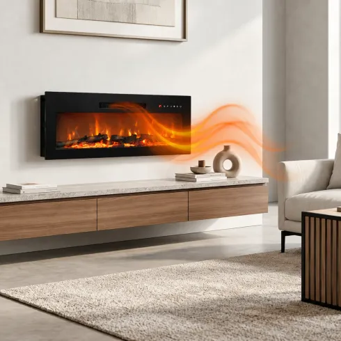 Camino Elettrico da Parete in Acciaio Vetro Nero Fiamma LED 2 kW