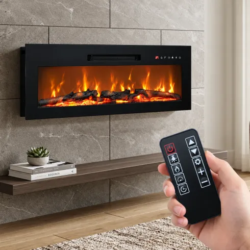 Camino Elettrico da Parete in Acciaio Vetro Nero Fiamma LED 2 kW