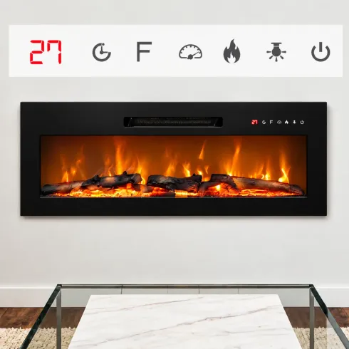 Camino Elettrico da Parete in Acciaio Vetro Nero Fiamma LED 2 kW