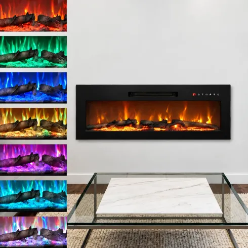 Camino Elettrico da Parete in Acciaio Vetro Nero Fiamma LED 2 kW