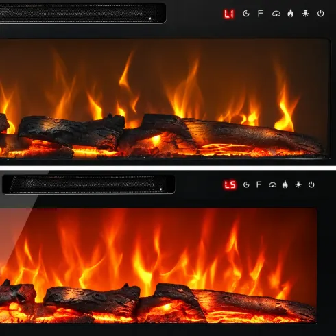 Camino Elettrico da Parete in Acciaio Vetro Nero Fiamma LED 2 kW
