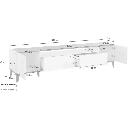 Mobile Porta TV Soggiorno Camera 200 cm Acero Grigio 2 Ante 2 Cassetti