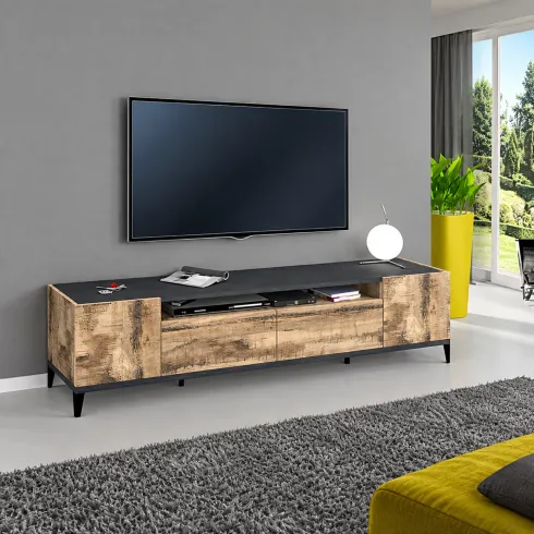 Mobile Porta TV Soggiorno Camera 200 cm Acero Grigio 2 Ante 2 Cassetti
