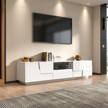 Porta TV Madia Mobile 4 Ante Cassetto 220 cm Bianco Lucido Soggiorno