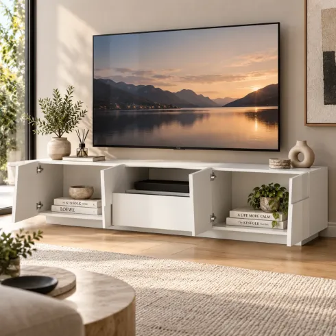 Porta TV Madia Mobile 4 Ante Cassetto 220 cm Bianco Lucido Soggiorno
