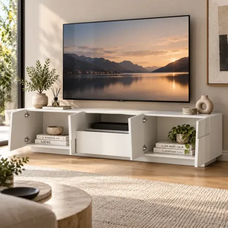 Porta TV Madia Mobile 4 Ante Cassetto 220 cm Bianco Lucido Soggiorno