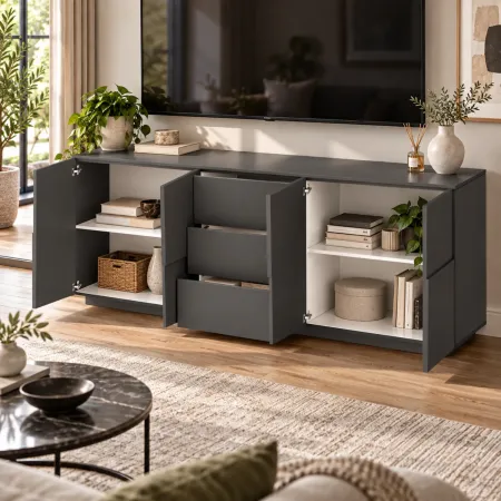 Madia 220 cm Credenza 4 Ante 4 Cassetti Grigio Antracite da Soggiorno