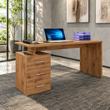 Scrivania da Ufficio 160x60 cm con 3 Cassetti Marrone Effetto Rovere
