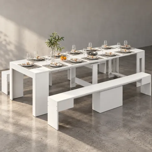 Set 2 Panche Allungabili Sovrapponibili Bianco 66-290 cm da Pranzo