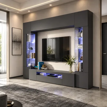 Parete Attrezzata Soggiorno Mobile TV Vetrine Grigio Antracite 290 cm