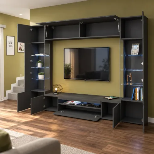 Parete Attrezzata Soggiorno Mobile TV Vetrine Grigio Antracite 290 cm