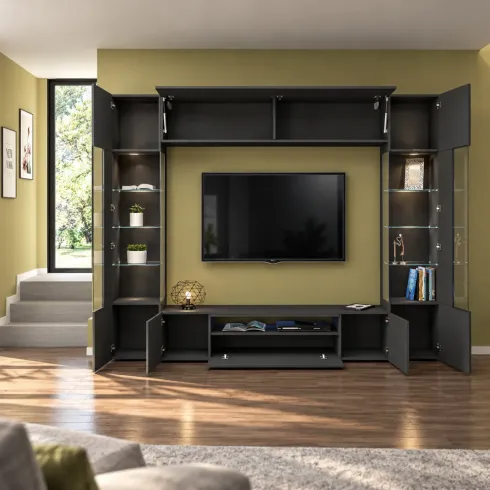 Parete Attrezzata Soggiorno Mobile TV Vetrine Grigio Antracite 290 cm