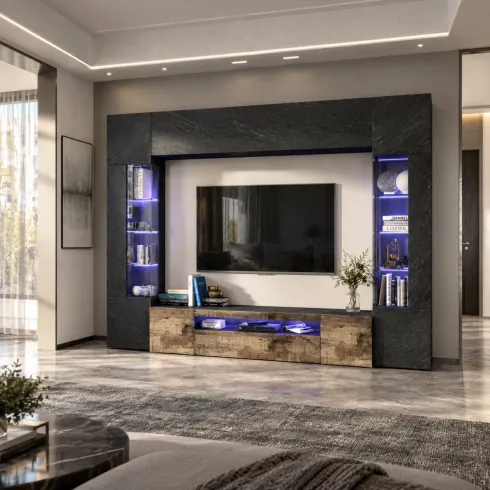 Mobile TV 290 cm Parete Attrezzata Soggiorno Vetrine Antracite Rovere