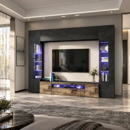 Mobile TV 290 cm Parete Attrezzata Soggiorno Vetrine Antracite Rovere