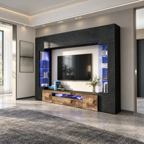 Mobile TV 290 cm Parete Attrezzata Soggiorno Vetrine Antracite Rovere
