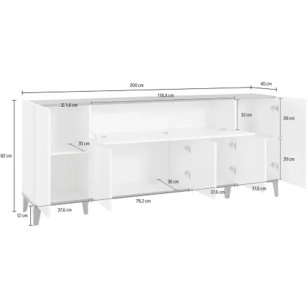 Madia da Soggiorno Bianco Ardesia Credenza 4 Ante 1 Ribalta 200 cm