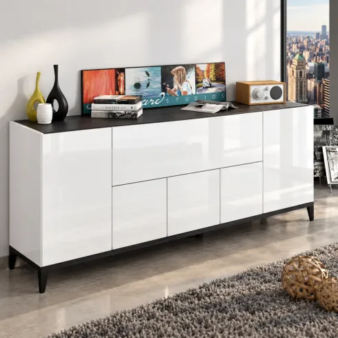 Madia da Soggiorno Bianco Ardesia Credenza 4 Ante 1 Ribalta 200 cm