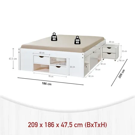 Letto Matrimoniale 180x200 King Size Bianco Rete a Doghe con Cassetti In Legno | Bricoshop24