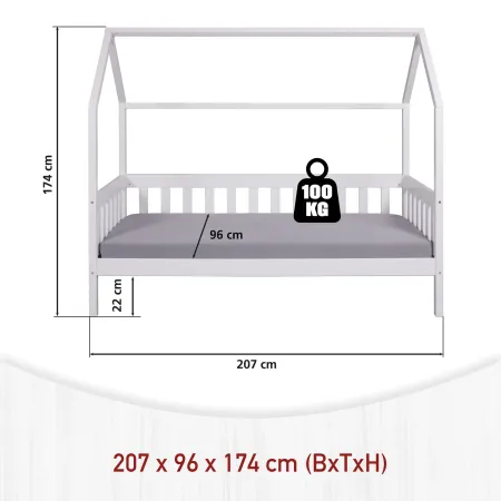 Letto singolo 90x200 cm Bianco con Tetto Doghe