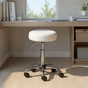 Sgabello Basso con Ruote a Rotelle Bianco Ecopelle in Metallo Imbottito Cucina | BricoShop24 2