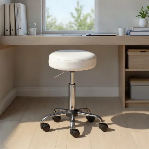 Sgabello Basso con Ruote a Rotelle Bianco Ecopelle in Metallo Imbottito Cucina | BricoShop24